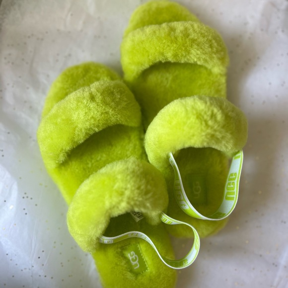 UGG slideons fuzzy neon green/yellow New Women 6/7.5 & free peanuts pj pants L - Picture 2 of 11